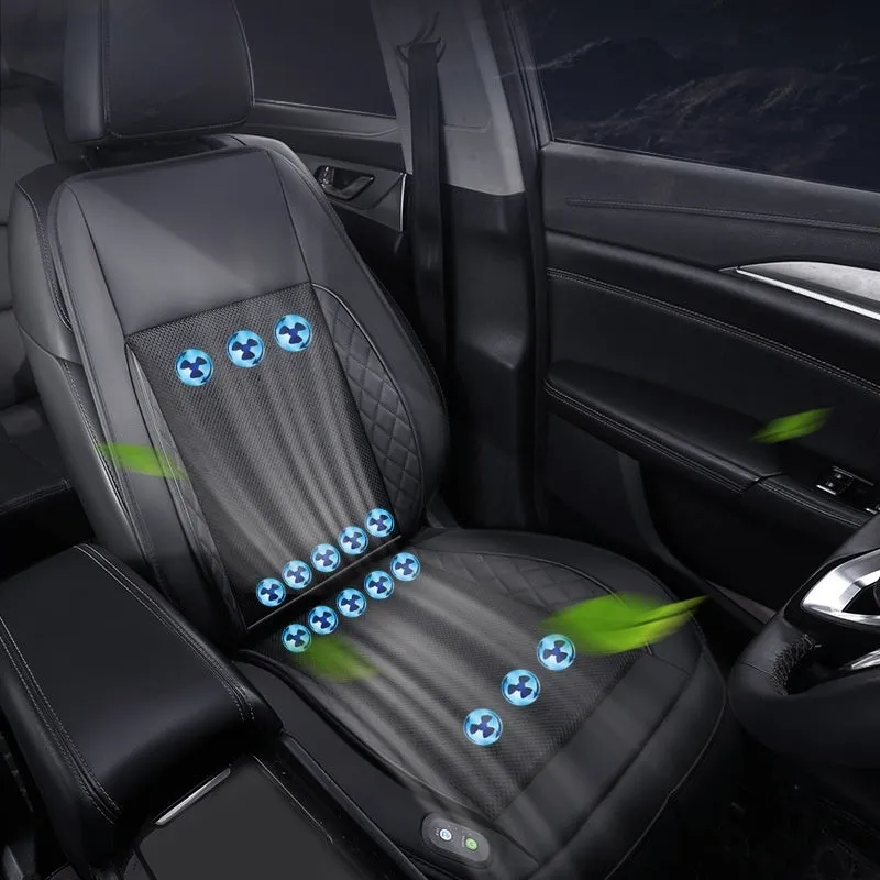 Car ventilation cushion with fan in black mesh design for driving comfort