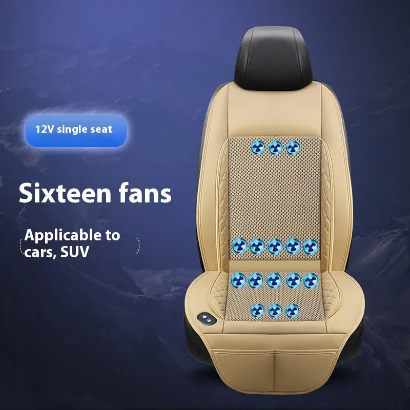Car ventilation cushion with fan in black mesh design for driving comfort