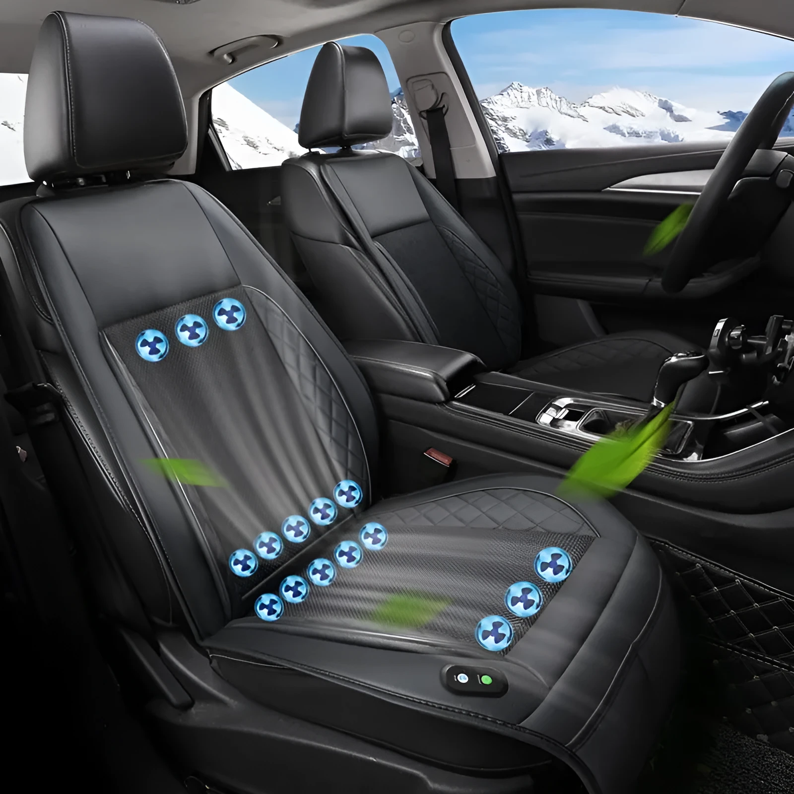 Car ventilation cushion with fan in black mesh design for driving comfort