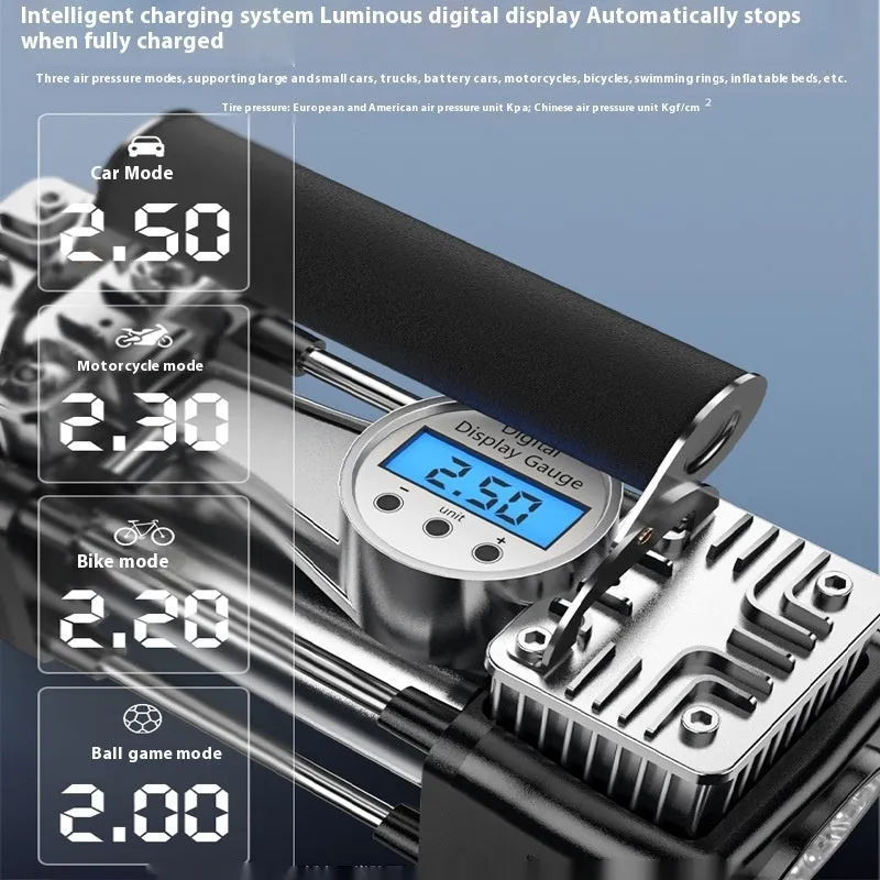 High-power portable car inflator with double cylinder digital display, battery clip, and air nozzle on black background
