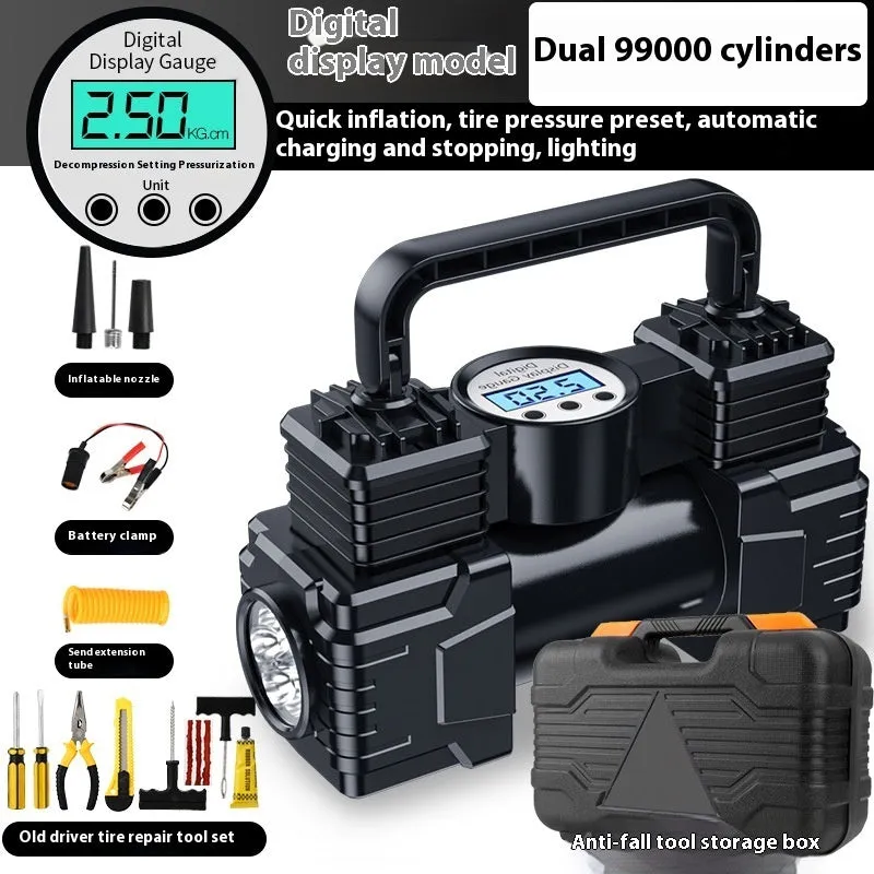 High-power portable car inflator with double cylinder digital display, battery clip, and air nozzle on black background