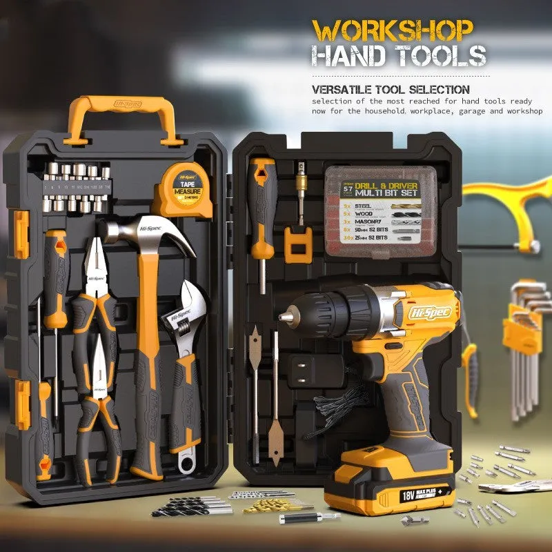 Grey-yellow 82-piece chrome-vanadium steel tool kit for furniture installation and home repair.