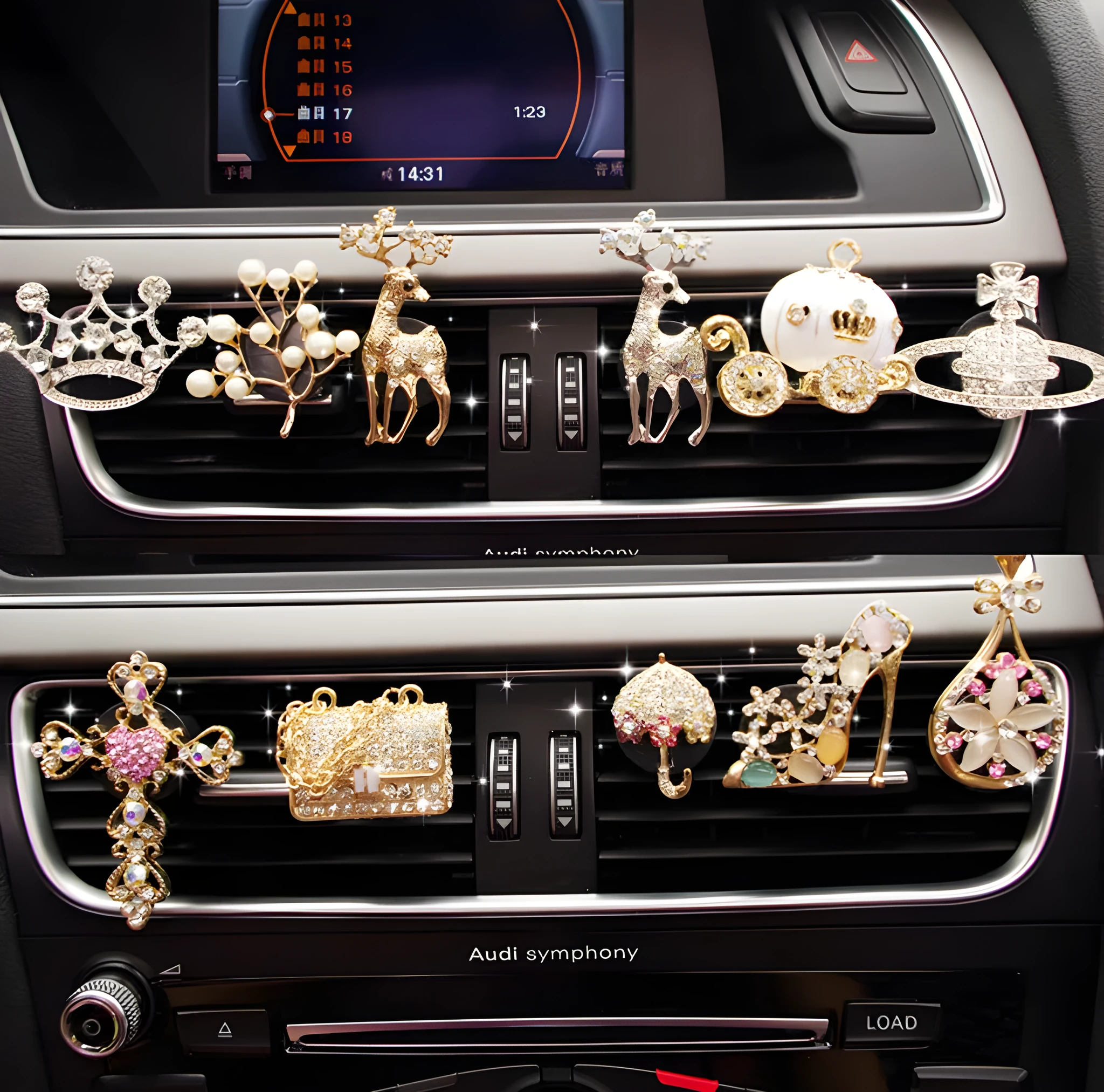 Alloy car fragrance clip with decorative charm attached to car air vent