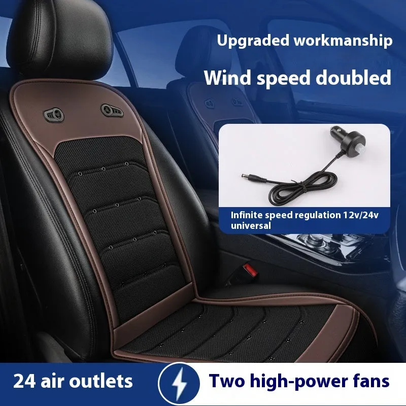 Summer cool breathable car seat cushion with intelligent fan and refrigeration in black, blue, or brown