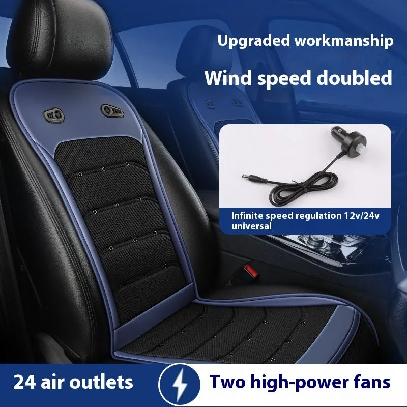 Summer cool breathable car seat cushion with intelligent fan and refrigeration in black, blue, or brown