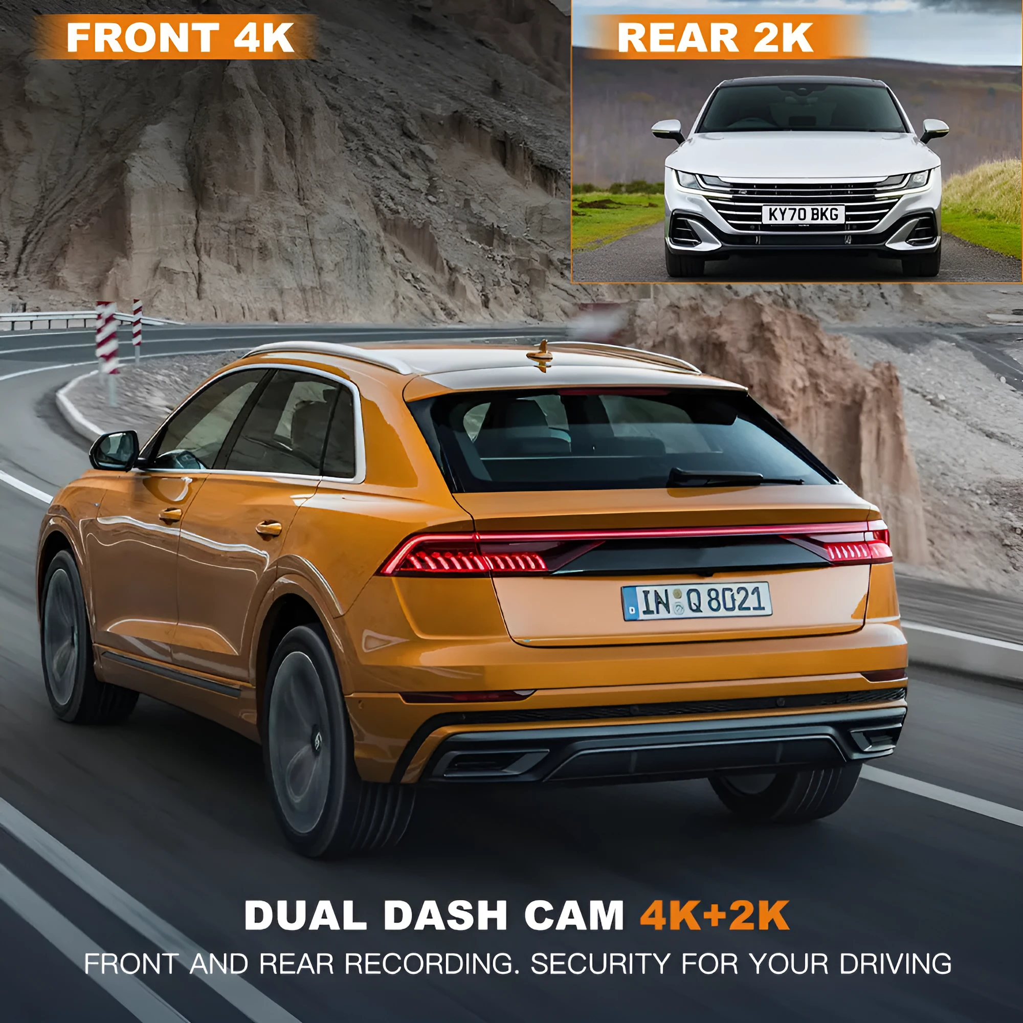 Front and rear dual lens dashcam with 4K HD recording, GPS and WiFi, 3.0 inch screen, ZD72 Black