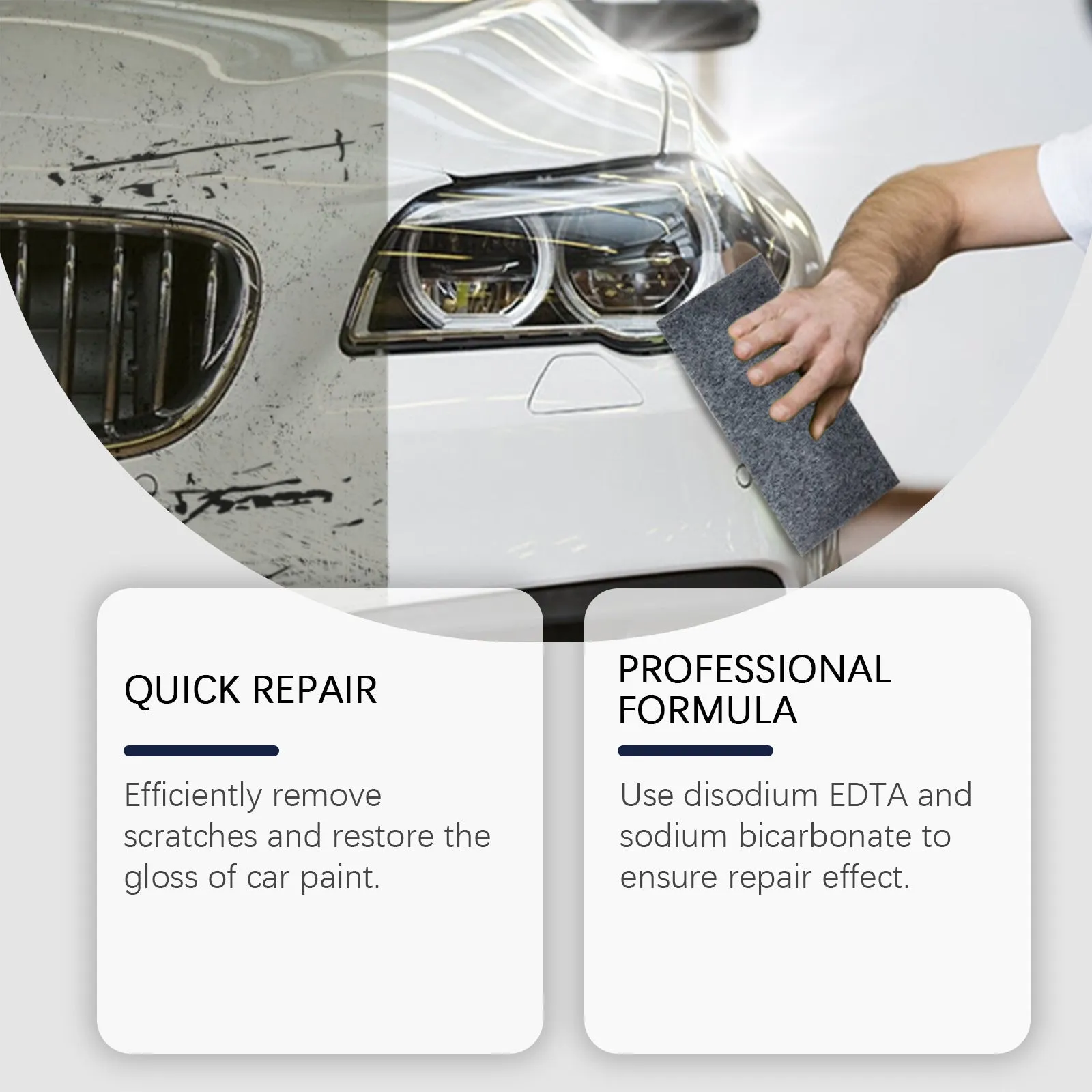 Car scratch repair suit with 60g scratch remover nano cloth towel and sponge on a white background
