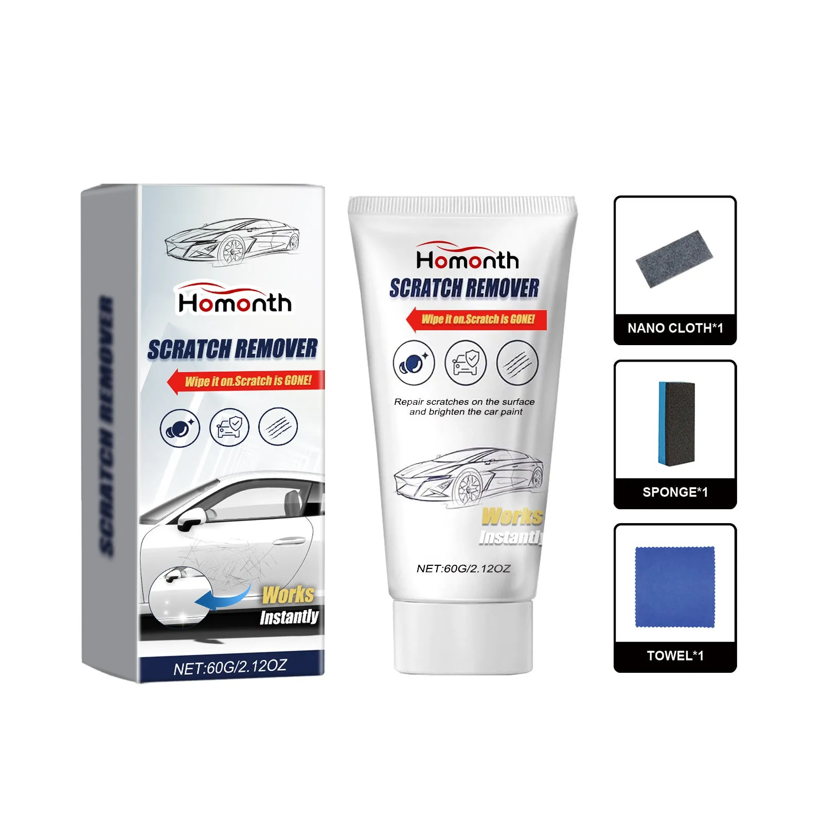 Car scratch repair suit with 60g scratch remover nano cloth towel and sponge on a white background