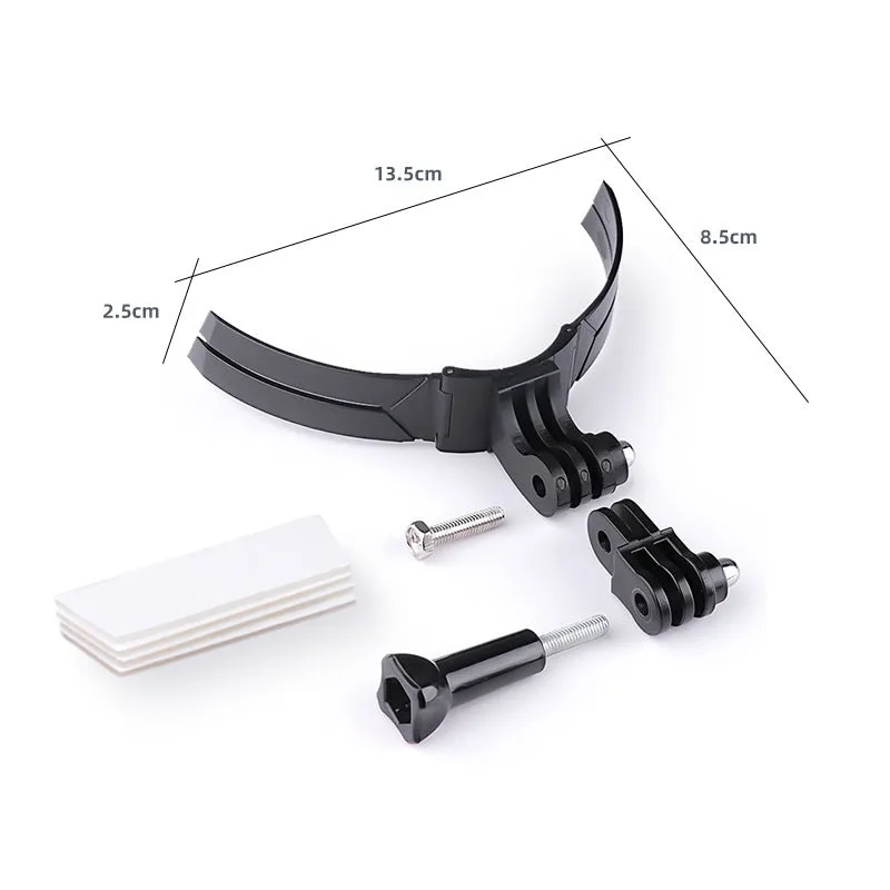 Motorcycle helmet chin camera bracket in black flexible PVC and ABS on a full-face helmet