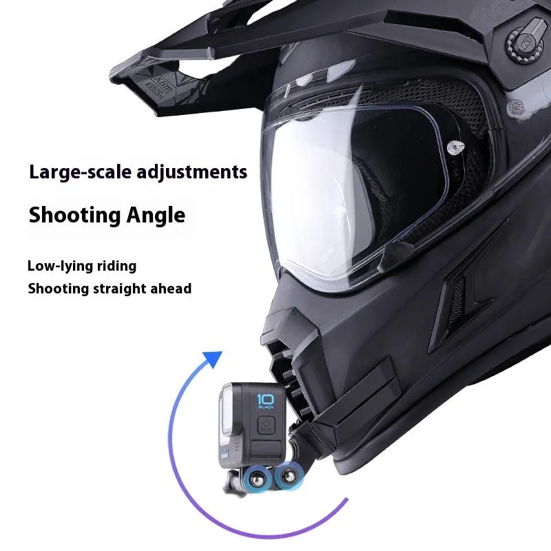 Motorcycle helmet chin camera bracket in black flexible PVC and ABS on a full-face helmet