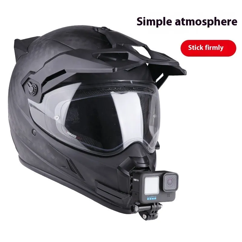 Motorcycle helmet chin camera bracket in black flexible PVC and ABS on a full-face helmet