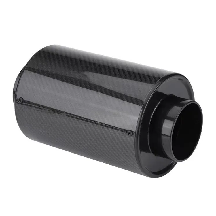 Car modification turbo high flow air box kit in black carbon fibre with stainless steel clamps on a workbench