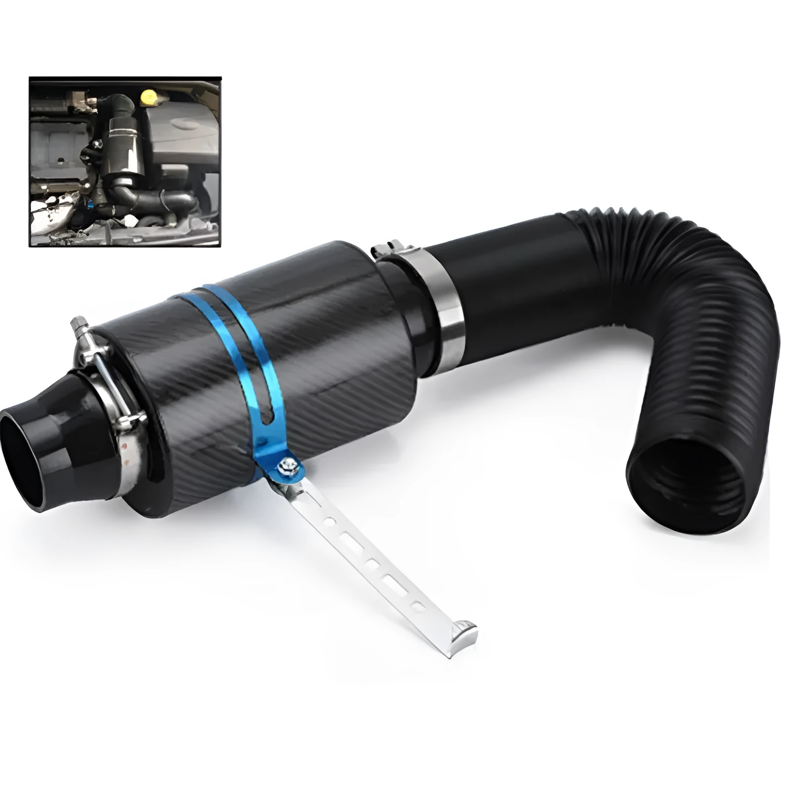 Car modification turbo high flow air box kit in black carbon fibre with stainless steel clamps on a workbench