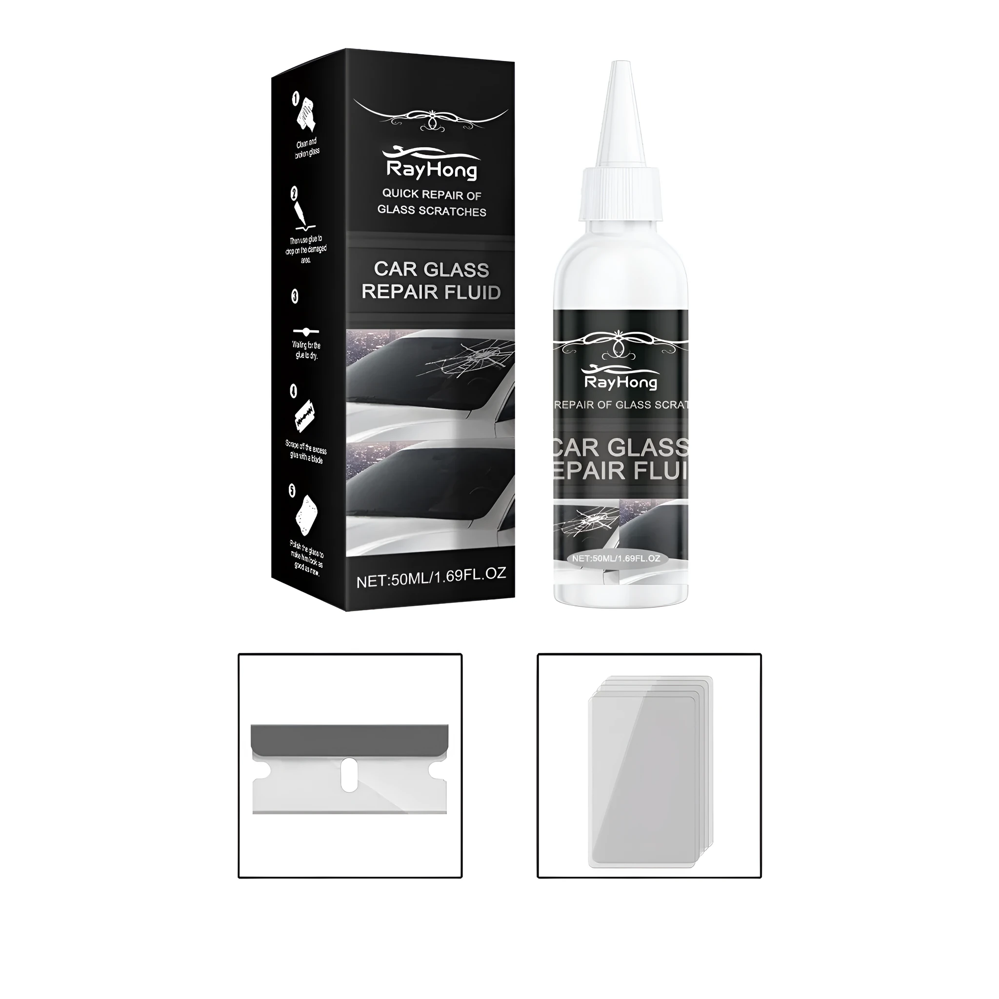 50ml car glass repair adhesive kit with bottle, blade, and five curing films