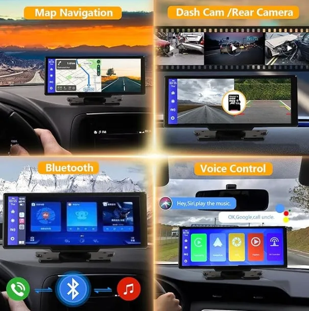 Portable wireless Carplay screen 9.3 inch with 2.5K camera DVR and 1080P rear camera, black