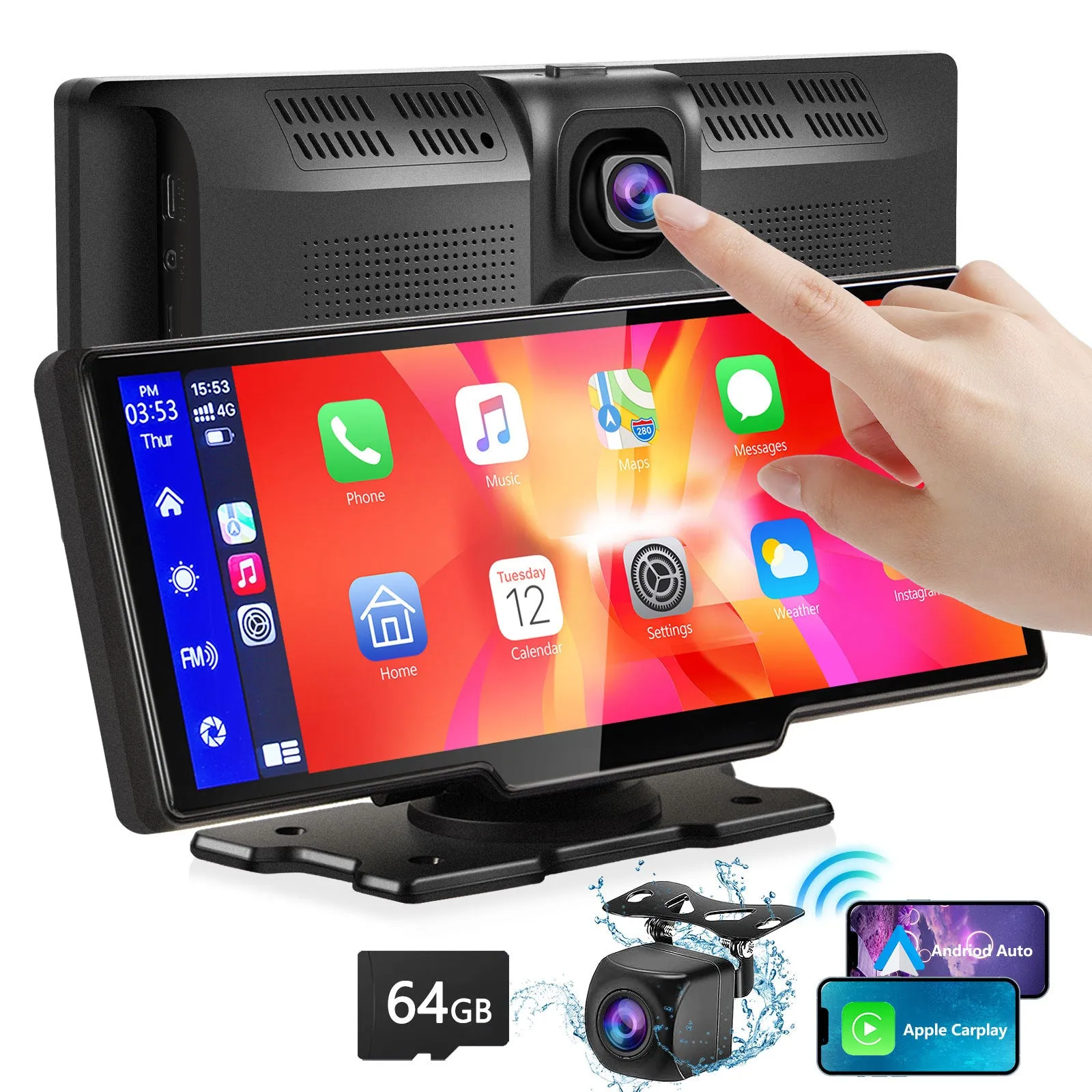 Portable wireless Carplay screen 9.3 inch with 2.5K camera DVR and 1080P rear camera, black