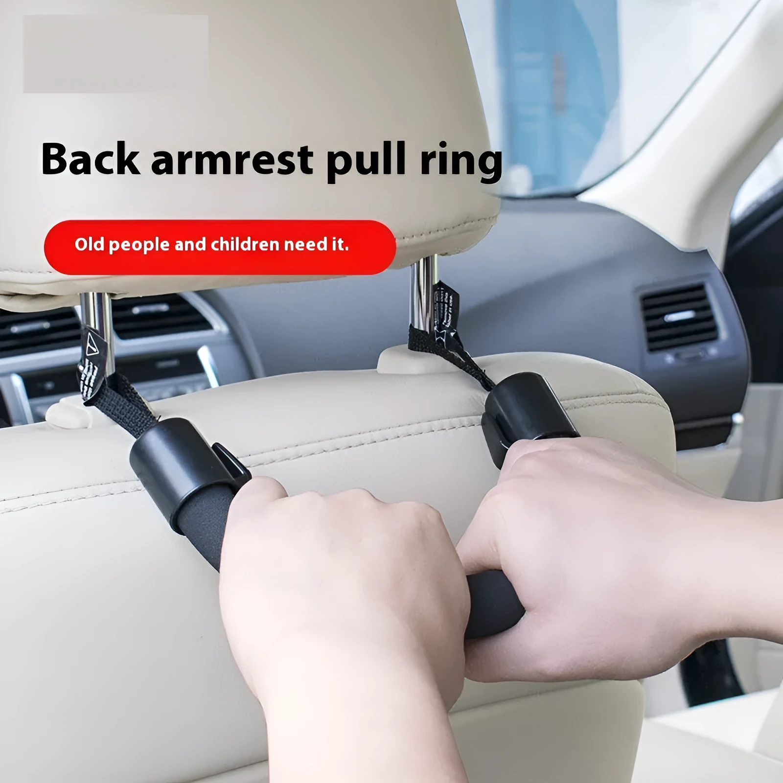 Black car seat back safety armrest made of EVA and ABS, 30.2 x 3.5 cm, installed behind seat