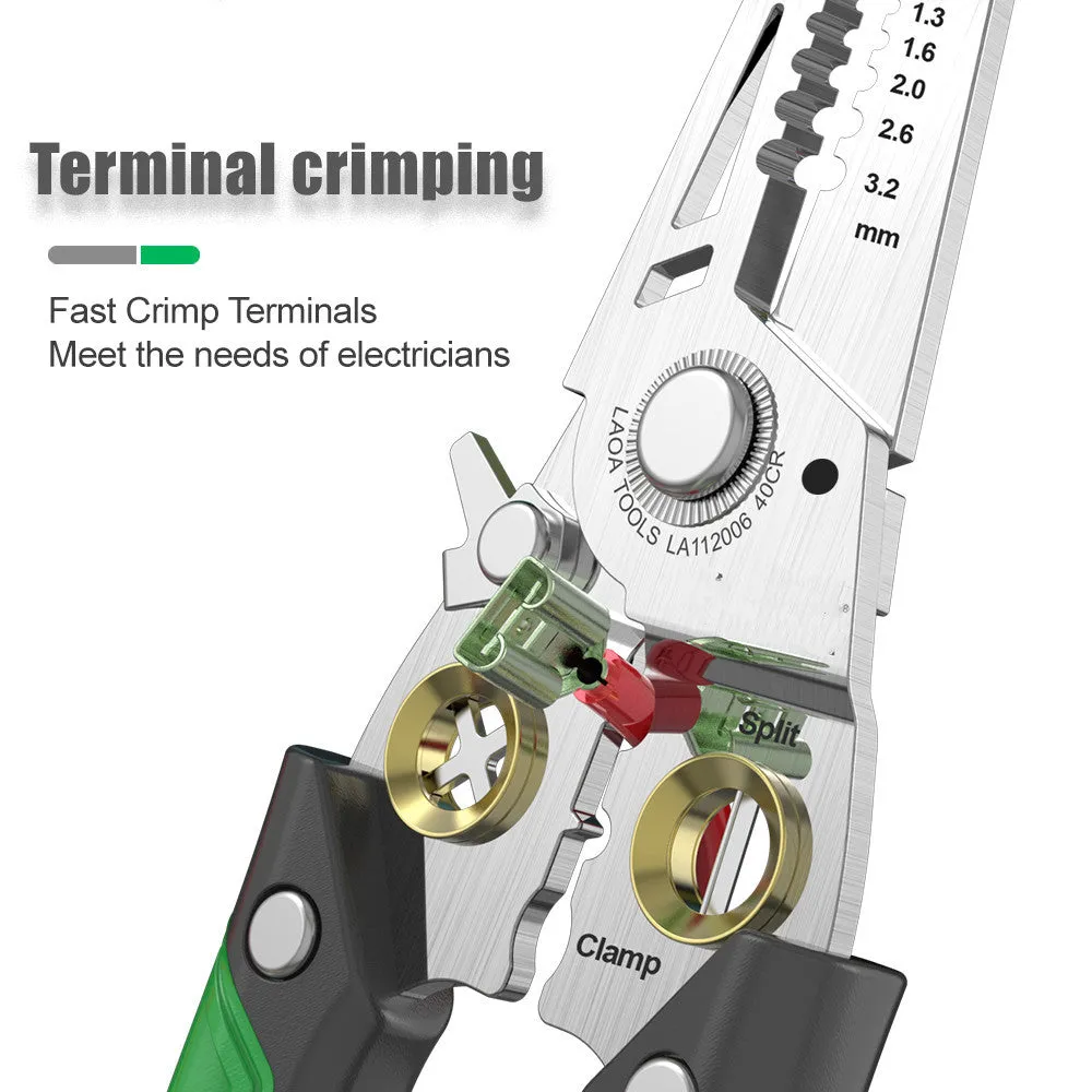 Stainless steel wire stripper with straight handle, ABS grips, and seven stripping ports for 0.8-3.2mm cables