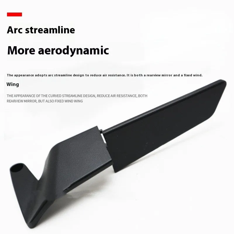 Pair of black universal motorcycle rearview mirrors with spoiler style, aluminium alloy housing and glass lens