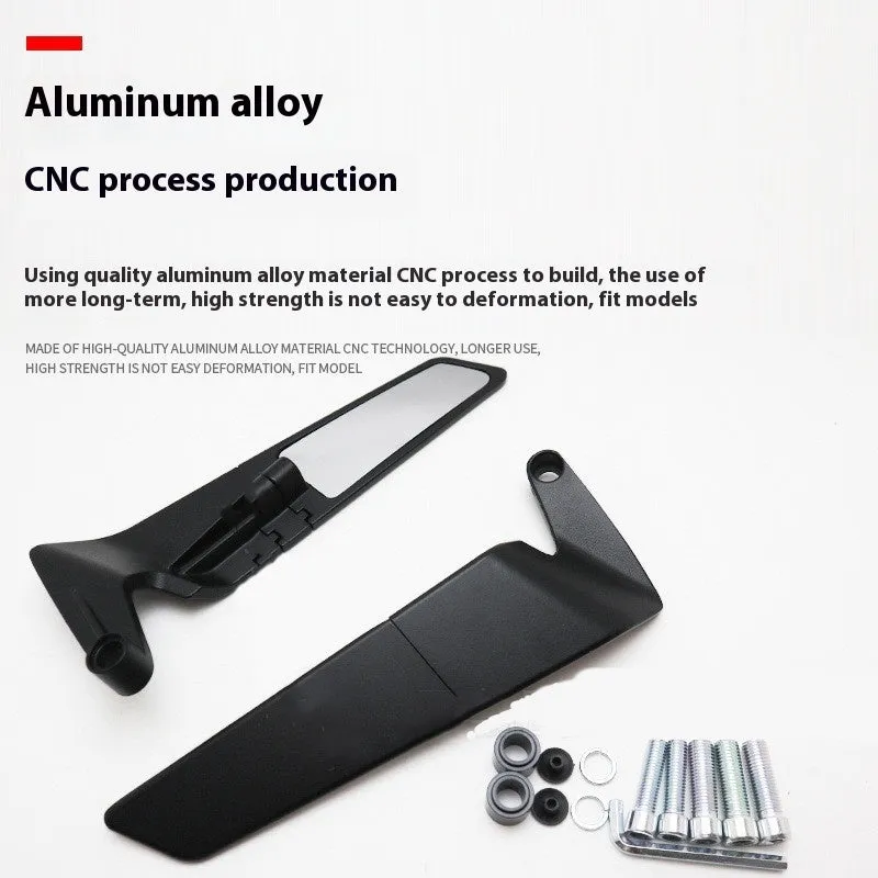 Pair of black universal motorcycle rearview mirrors with spoiler style, aluminium alloy housing and glass lens