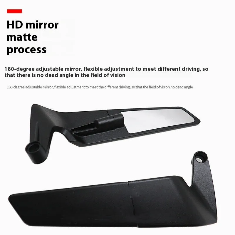Pair of black universal motorcycle rearview mirrors with spoiler style, aluminium alloy housing and glass lens