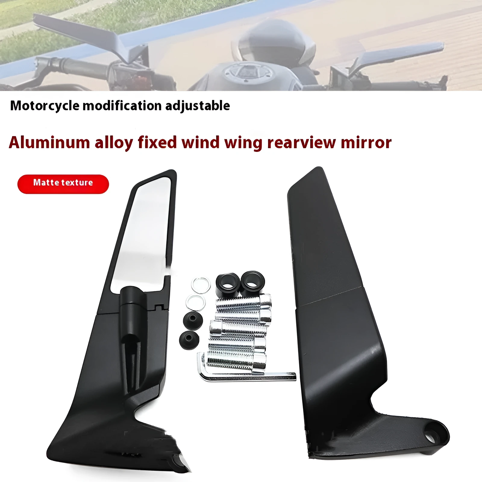 Pair of black universal motorcycle rearview mirrors with spoiler style, aluminium alloy housing and glass lens