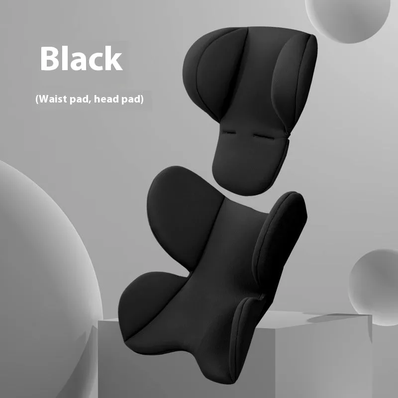 Child safety seat cushion with lumbar support and head protection pads in knitted fabric sponge, available in pink navy blue black green gray beige