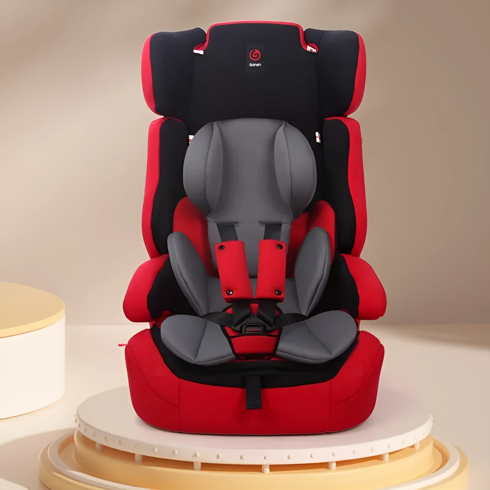 Child safety seat cushion with lumbar support and head protection pads in knitted fabric sponge, available in pink navy blue black green gray beige