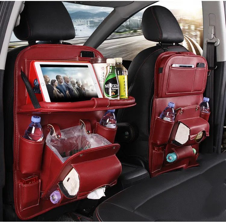 PU leather car seat back organiser bag with zipped main pocket and mesh side holders.