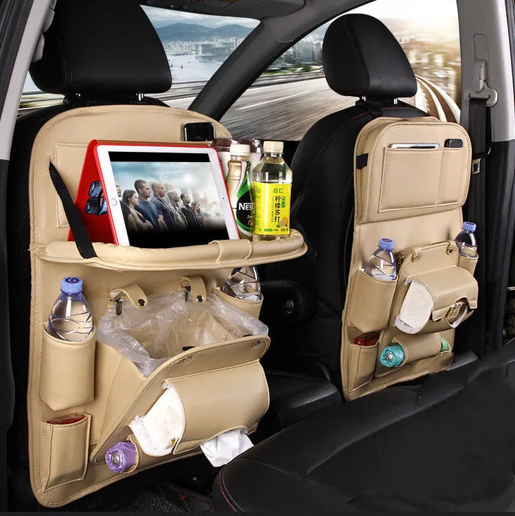 PU leather car seat back organiser bag with zipped main pocket and mesh side holders.