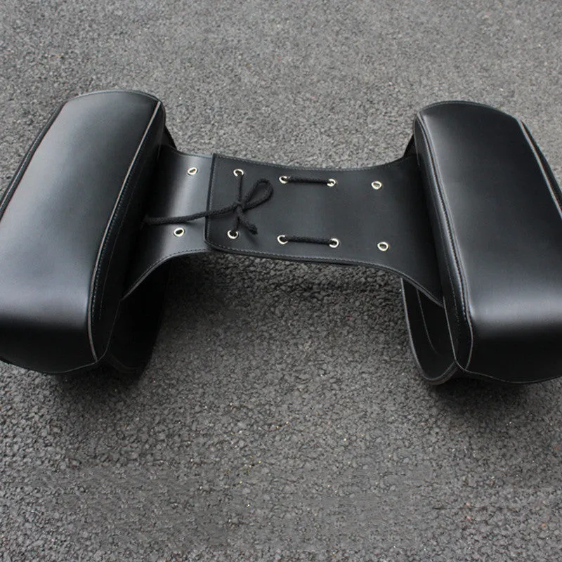 Retro brown PU leather motorcycle saddle bag mounted on bike side, showing dimensions.