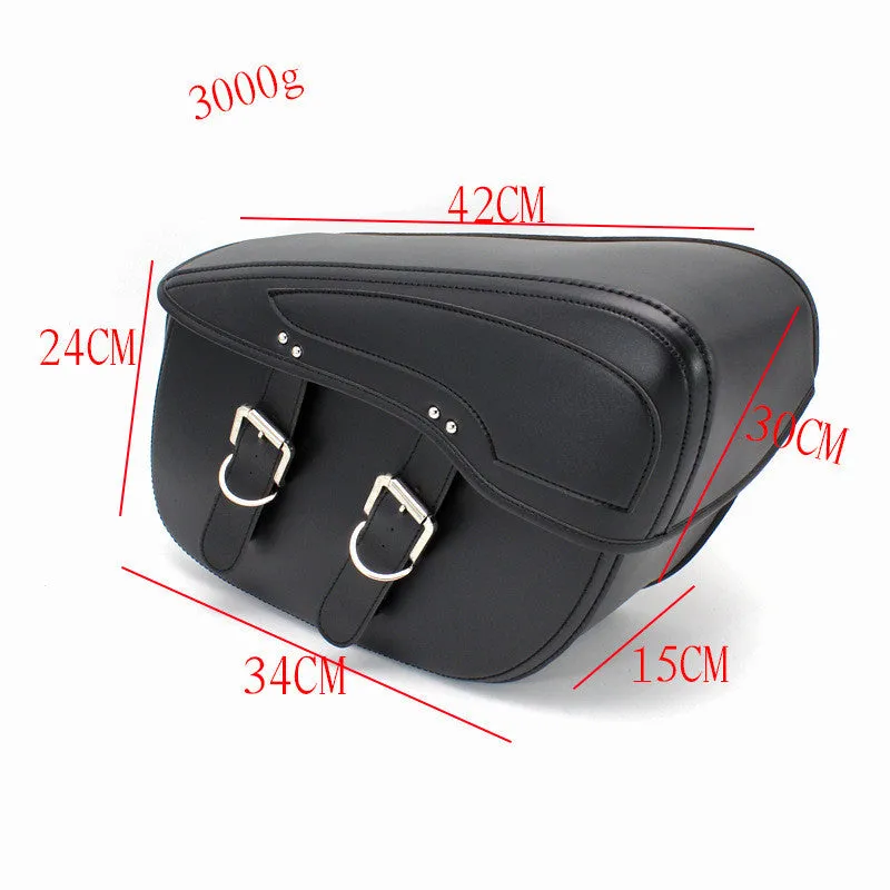 Retro brown PU leather motorcycle saddle bag mounted on bike side, showing dimensions.