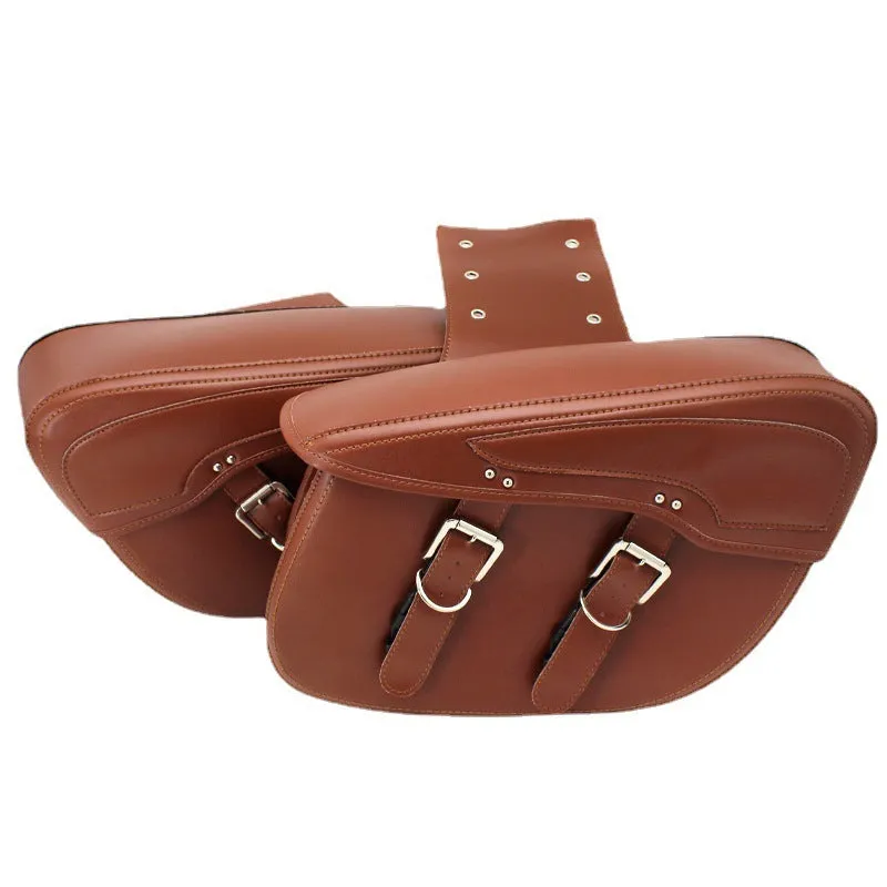 Retro brown PU leather motorcycle saddle bag mounted on bike side, showing dimensions.