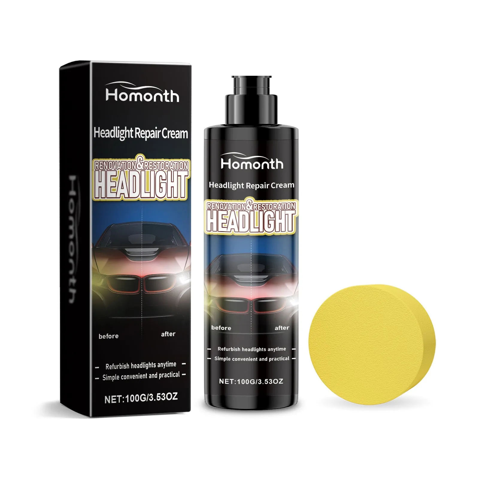Car headlight scratch repair paste 100g in bottle with yellow sponge applicator on white background