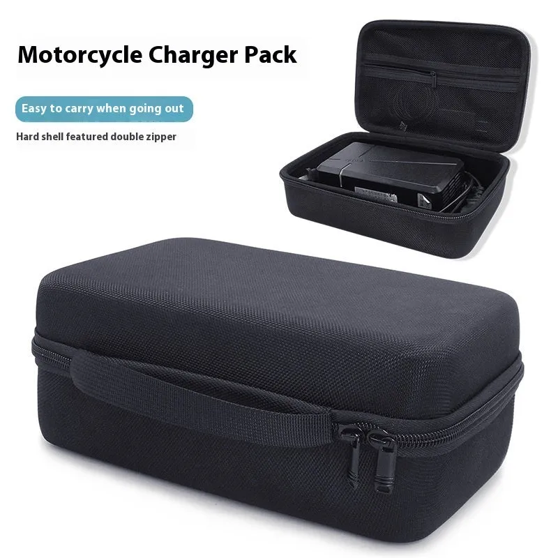 EVA hard shell motorcycle charger storage bag in black with sewn construction, side view interior showing padded interior