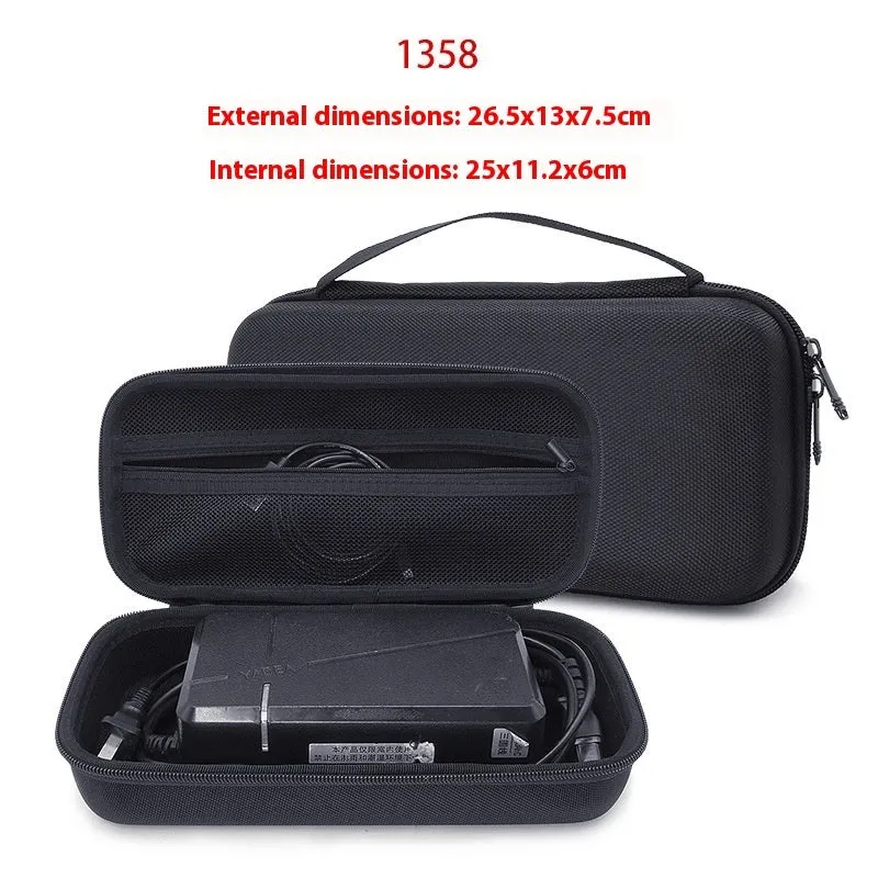 EVA hard shell motorcycle charger storage bag in black with sewn construction, side view interior showing padded interior