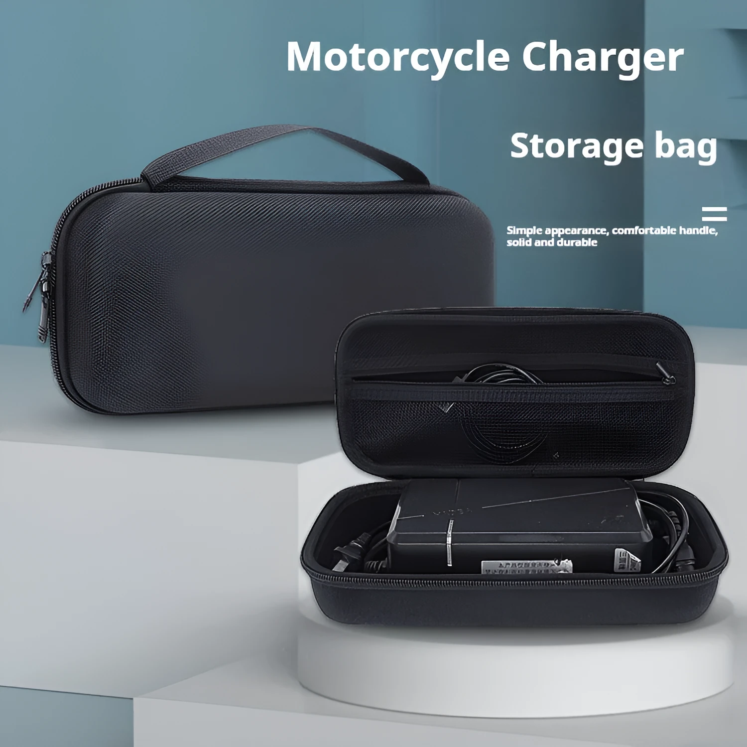 EVA hard shell motorcycle charger storage bag in black with sewn construction, side view interior showing padded interior