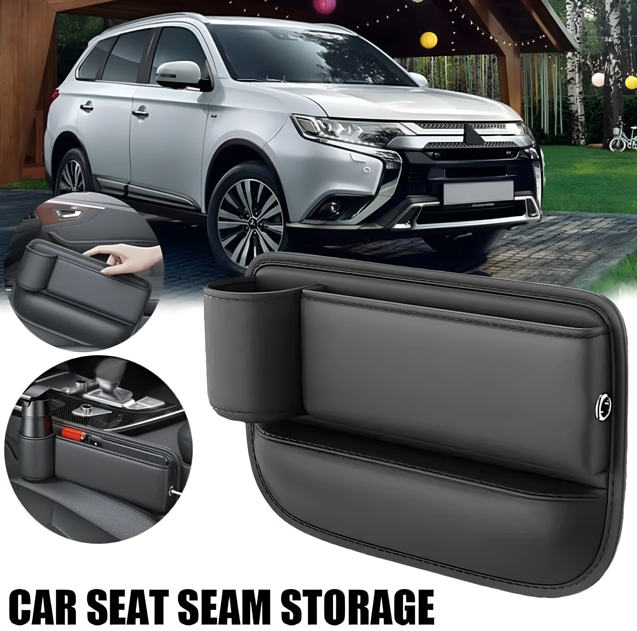 Car seat gap storage box with cup holder in black PU leather and ABS plastic fitted between car seat and centre console