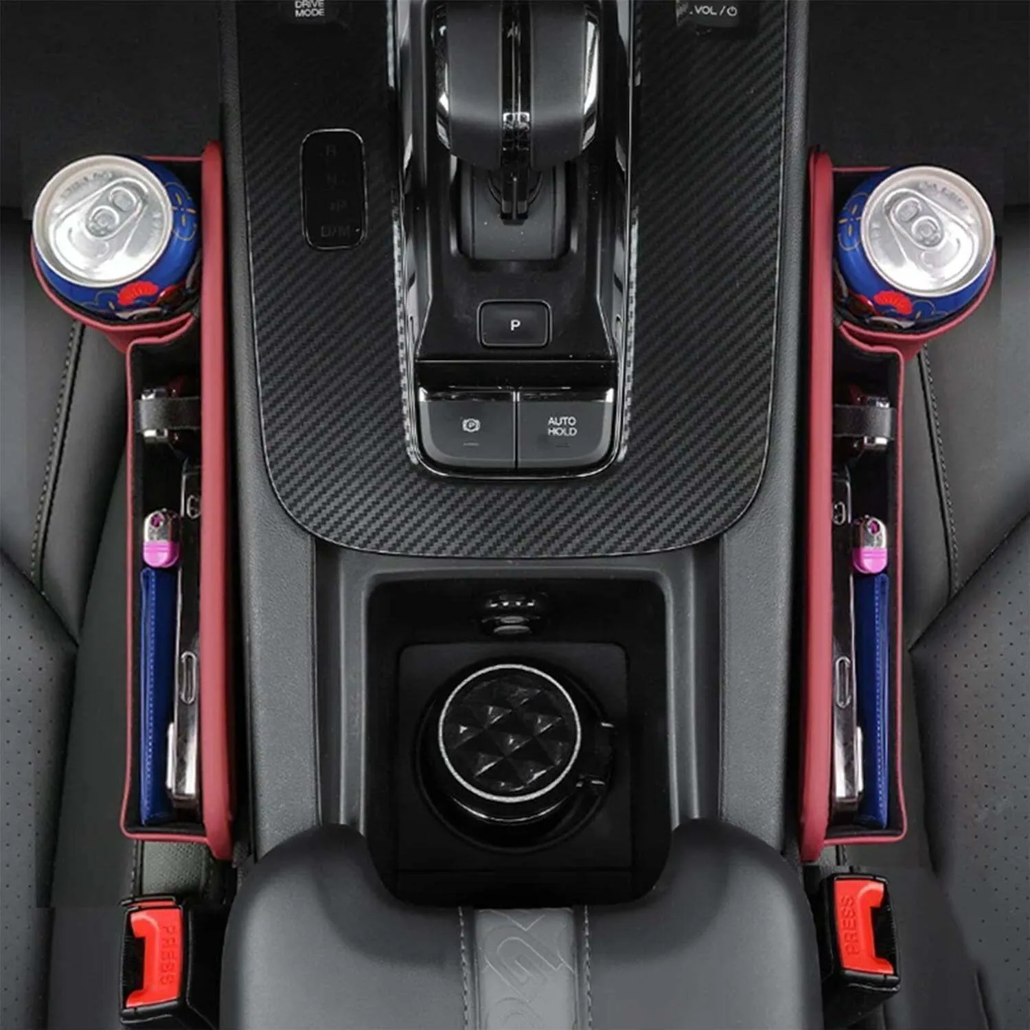 Car seat gap storage box with cup holder in black PU leather and ABS plastic fitted between car seat and centre console