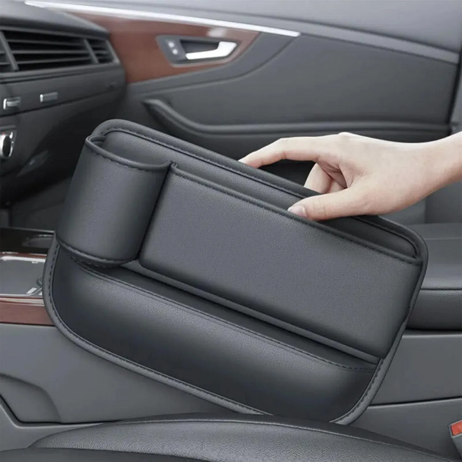 Car seat gap storage box with cup holder in black PU leather and ABS plastic fitted between car seat and centre console
