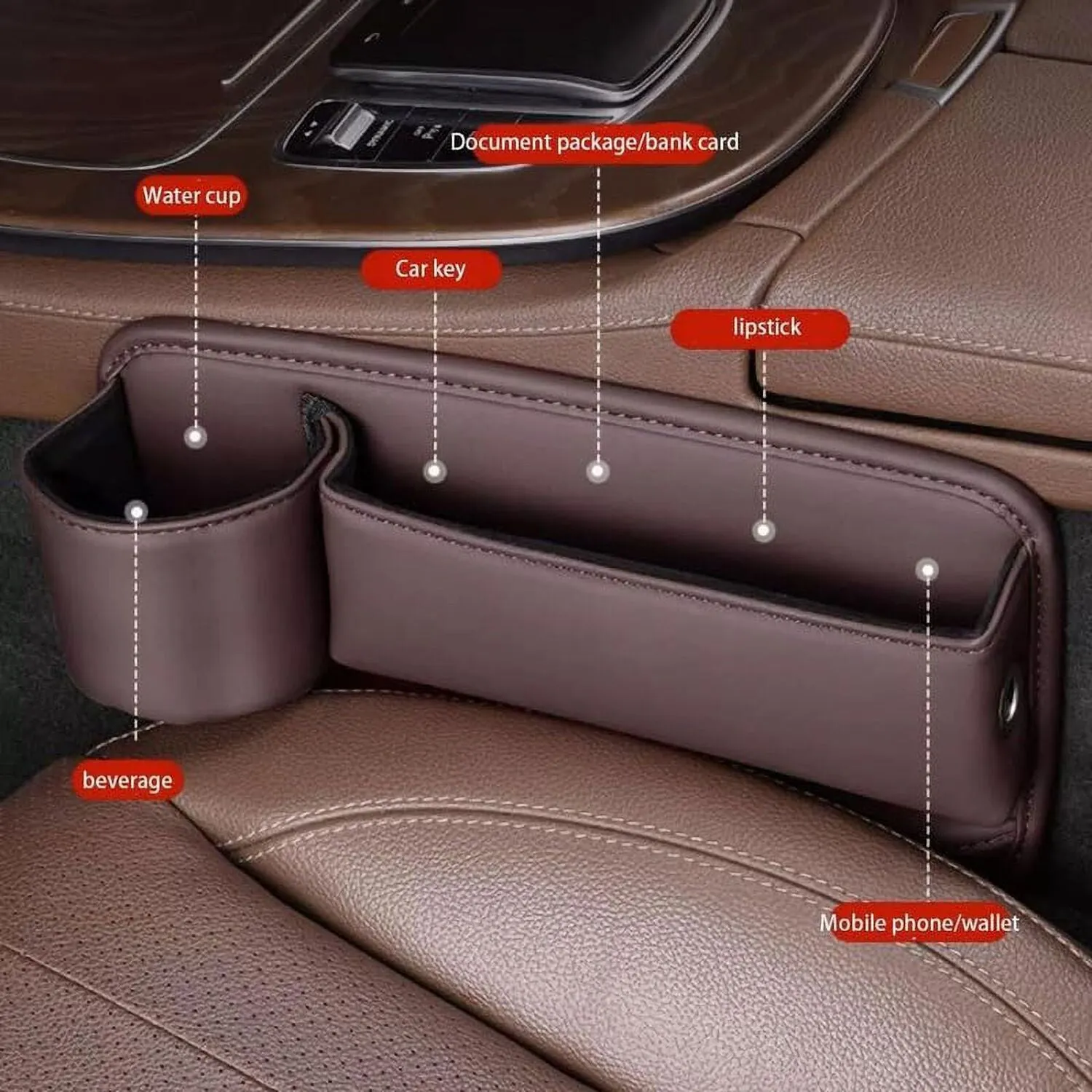 Car seat gap storage box with cup holder in black PU leather and ABS plastic fitted between car seat and centre console