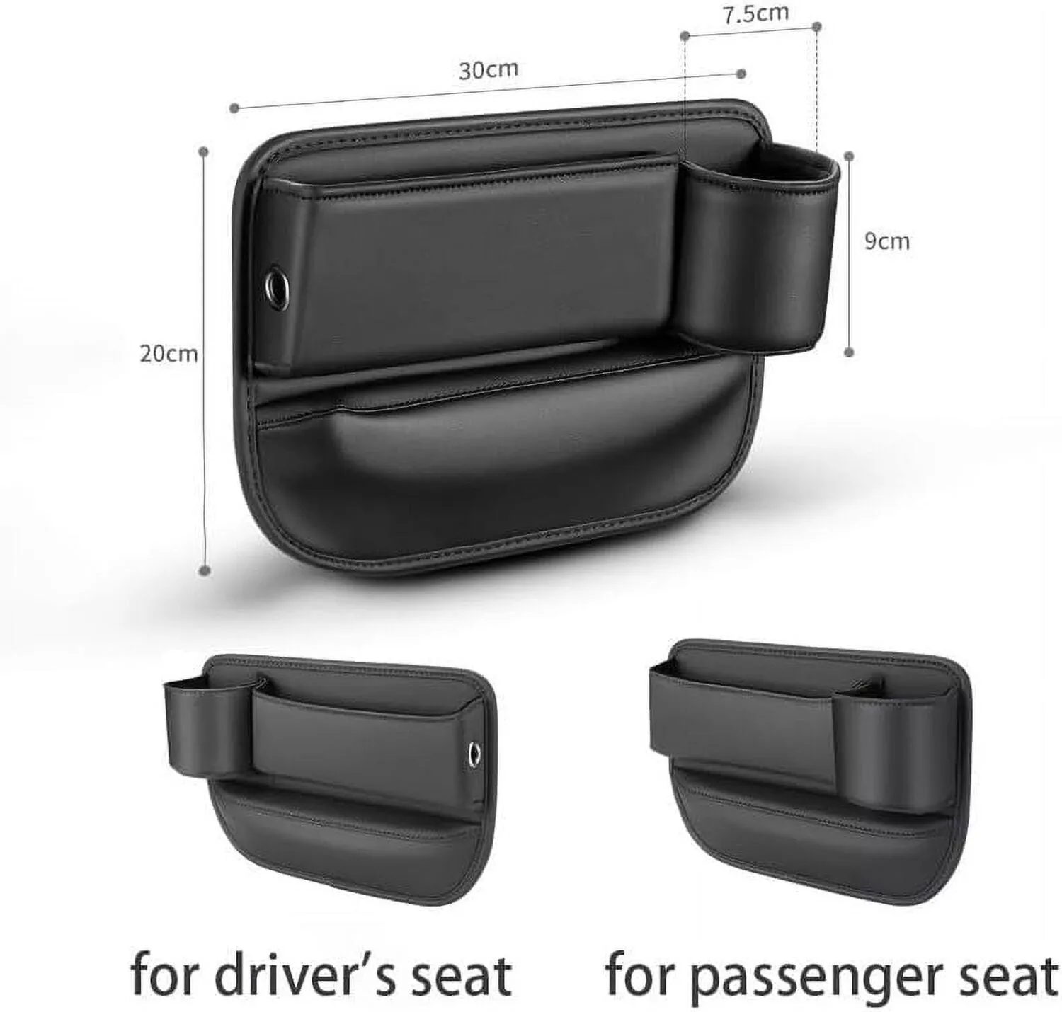 Car seat gap storage box with cup holder in black PU leather and ABS plastic fitted between car seat and centre console
