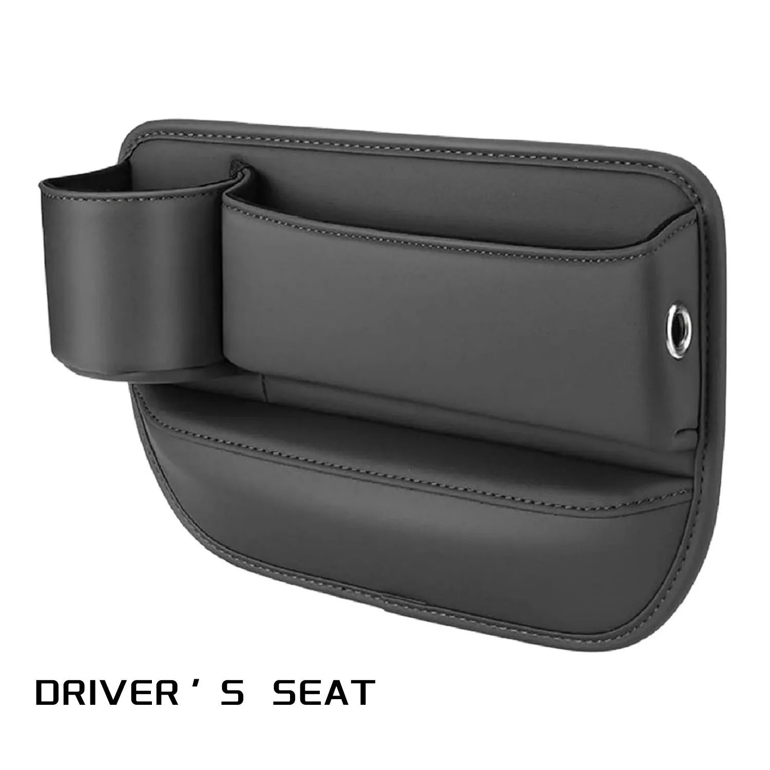 Car seat gap storage box with cup holder in black PU leather and ABS plastic fitted between car seat and centre console