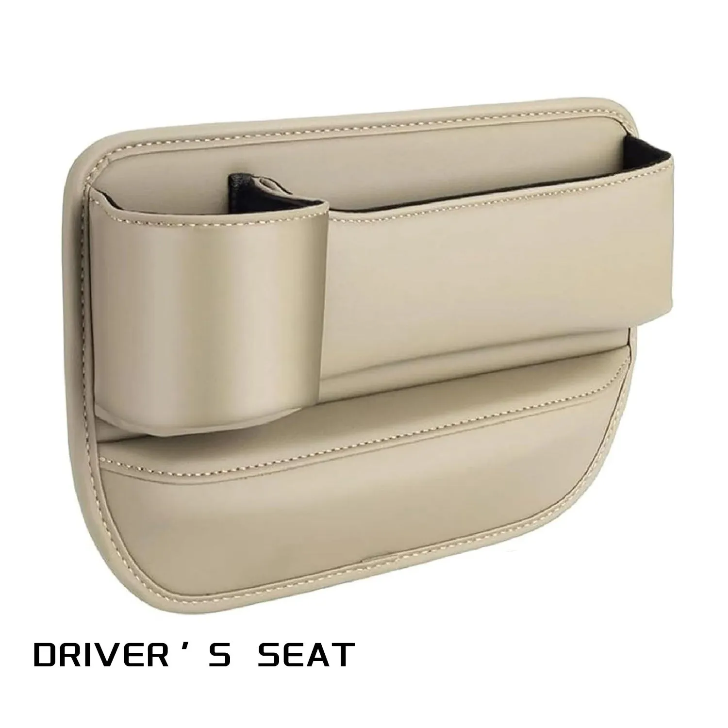 Car seat gap storage box with cup holder in black PU leather and ABS plastic fitted between car seat and centre console