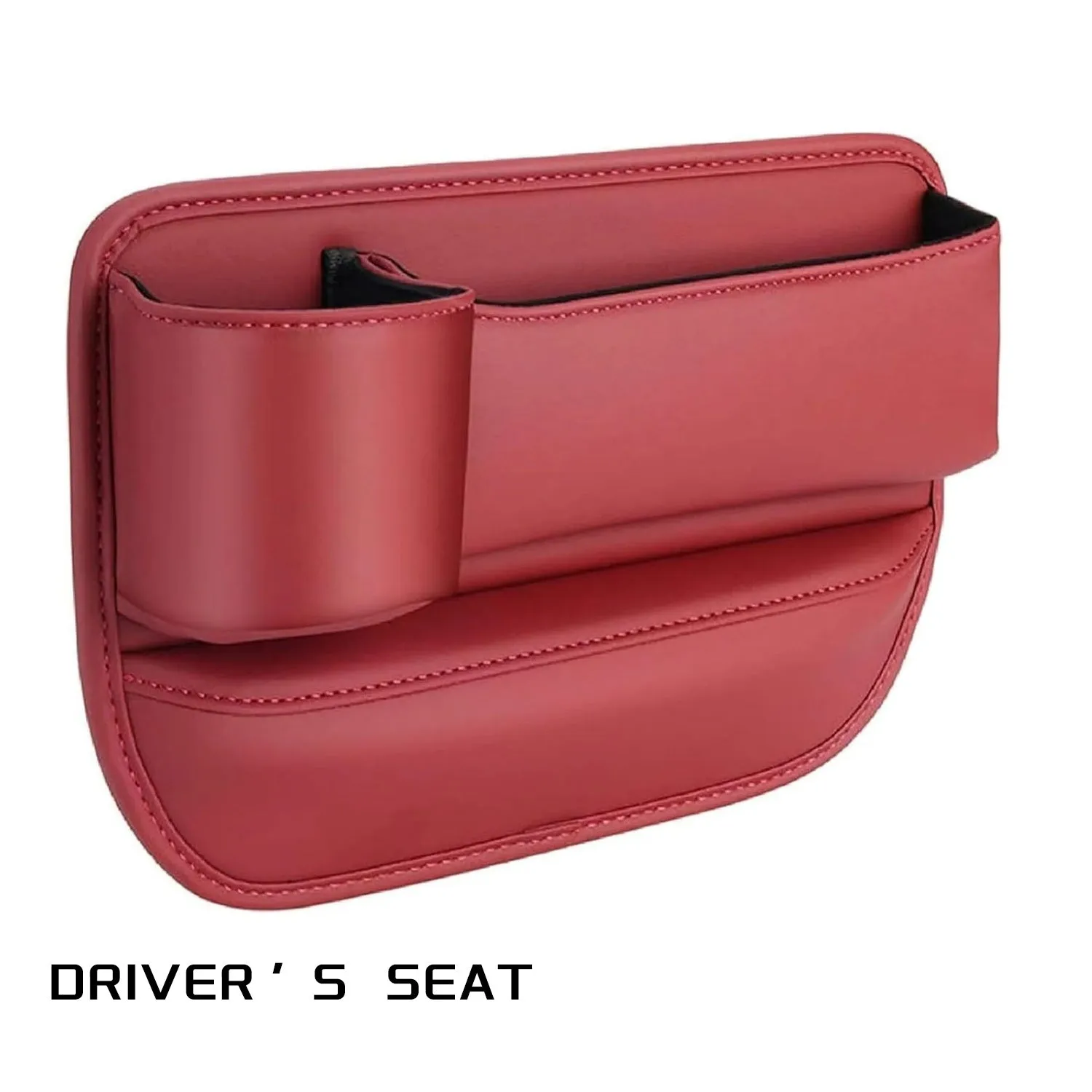 Car seat gap storage box with cup holder in black PU leather and ABS plastic fitted between car seat and centre console