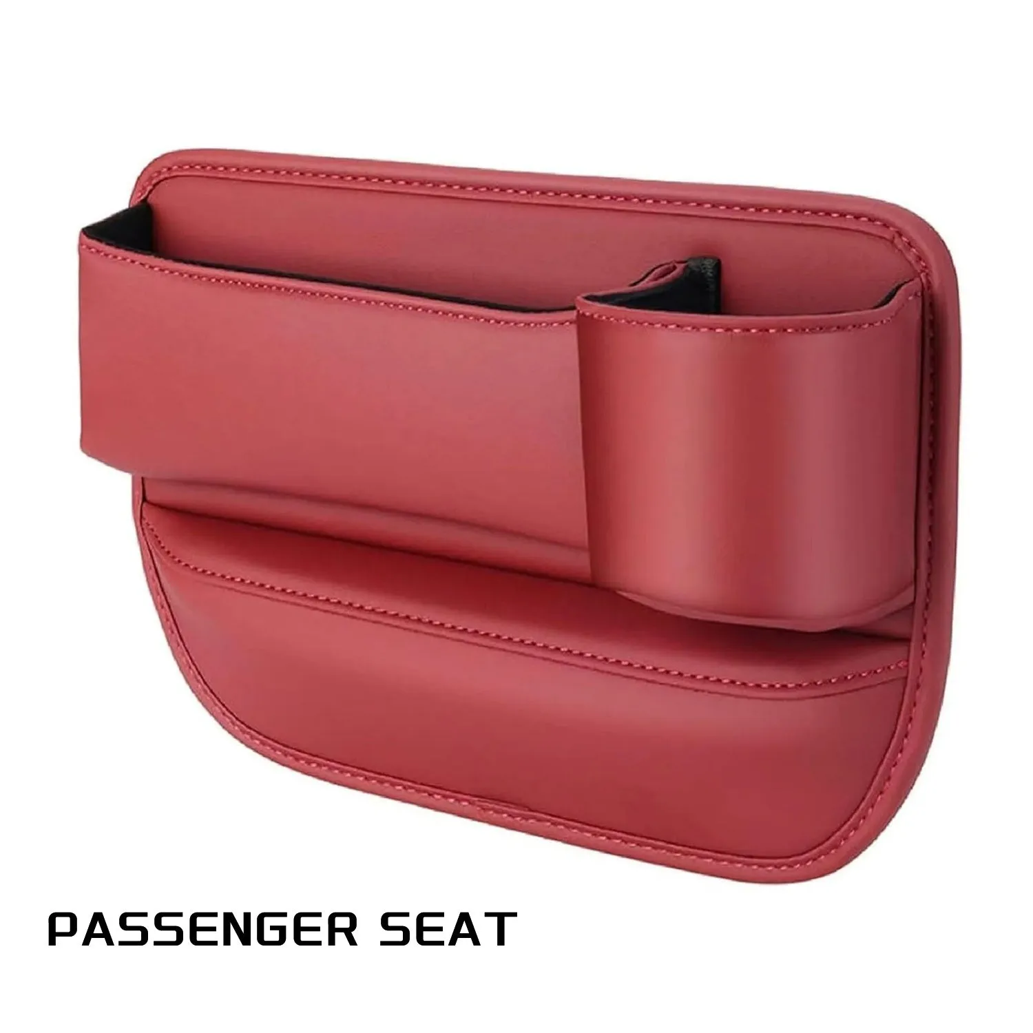 Car seat gap storage box with cup holder in black PU leather and ABS plastic fitted between car seat and centre console