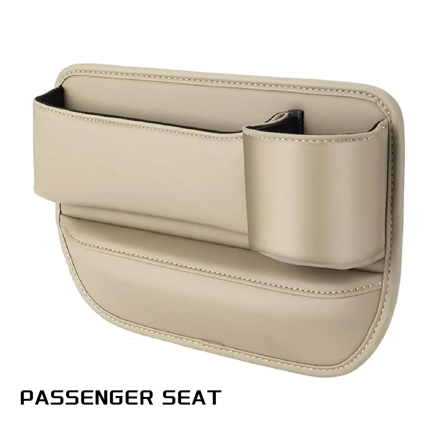 Car seat gap storage box with cup holder in black PU leather and ABS plastic fitted between car seat and centre console