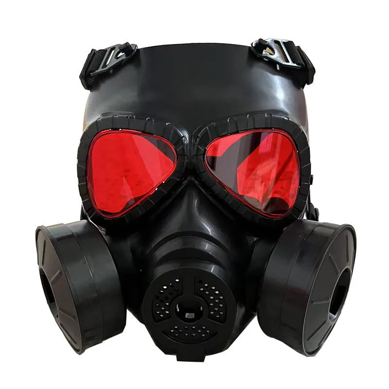 Real-life Field Equipment twin fan mask in black with transparent lens, head-mounted TPR design for outdoor use