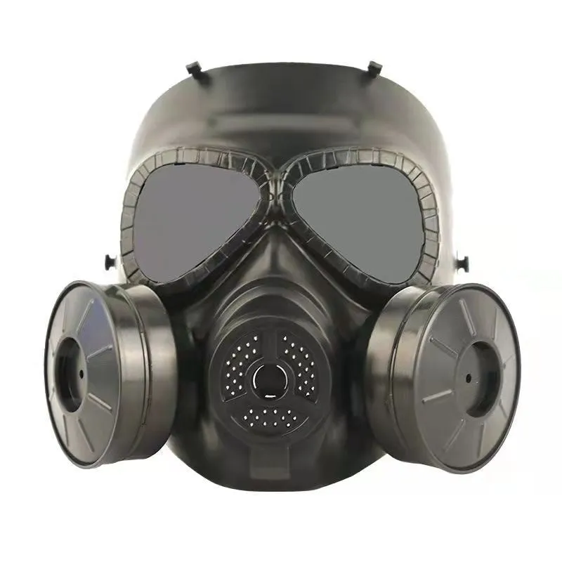 Real-life Field Equipment twin fan mask in black with transparent lens, head-mounted TPR design for outdoor use