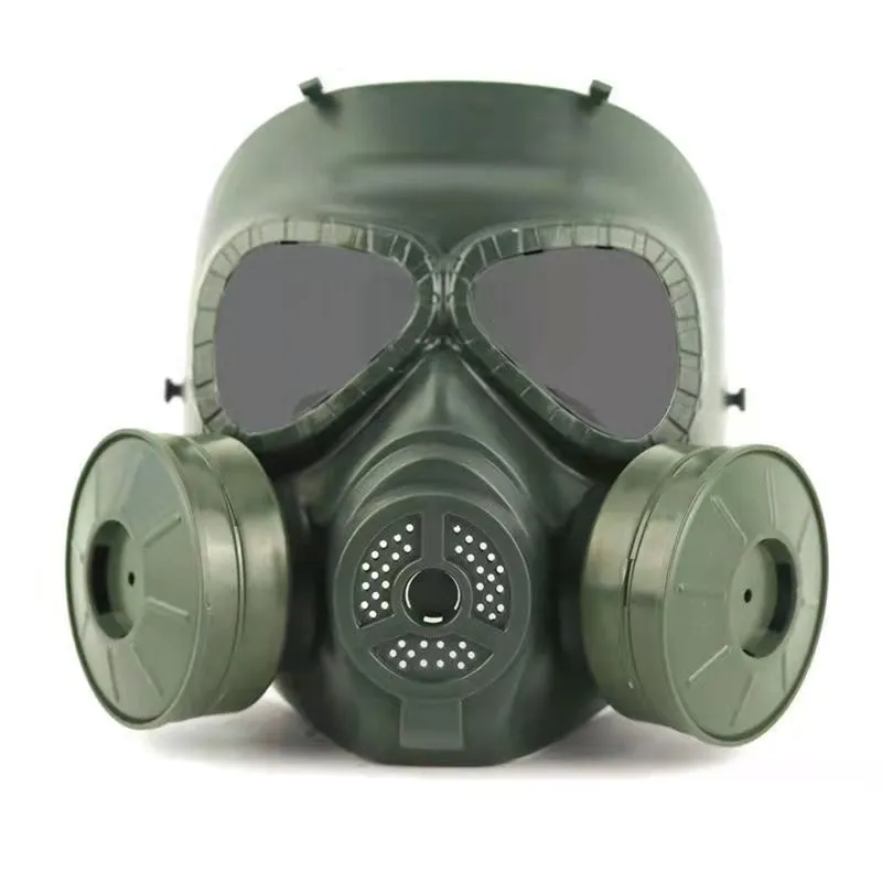 Real-life Field Equipment twin fan mask in black with transparent lens, head-mounted TPR design for outdoor use